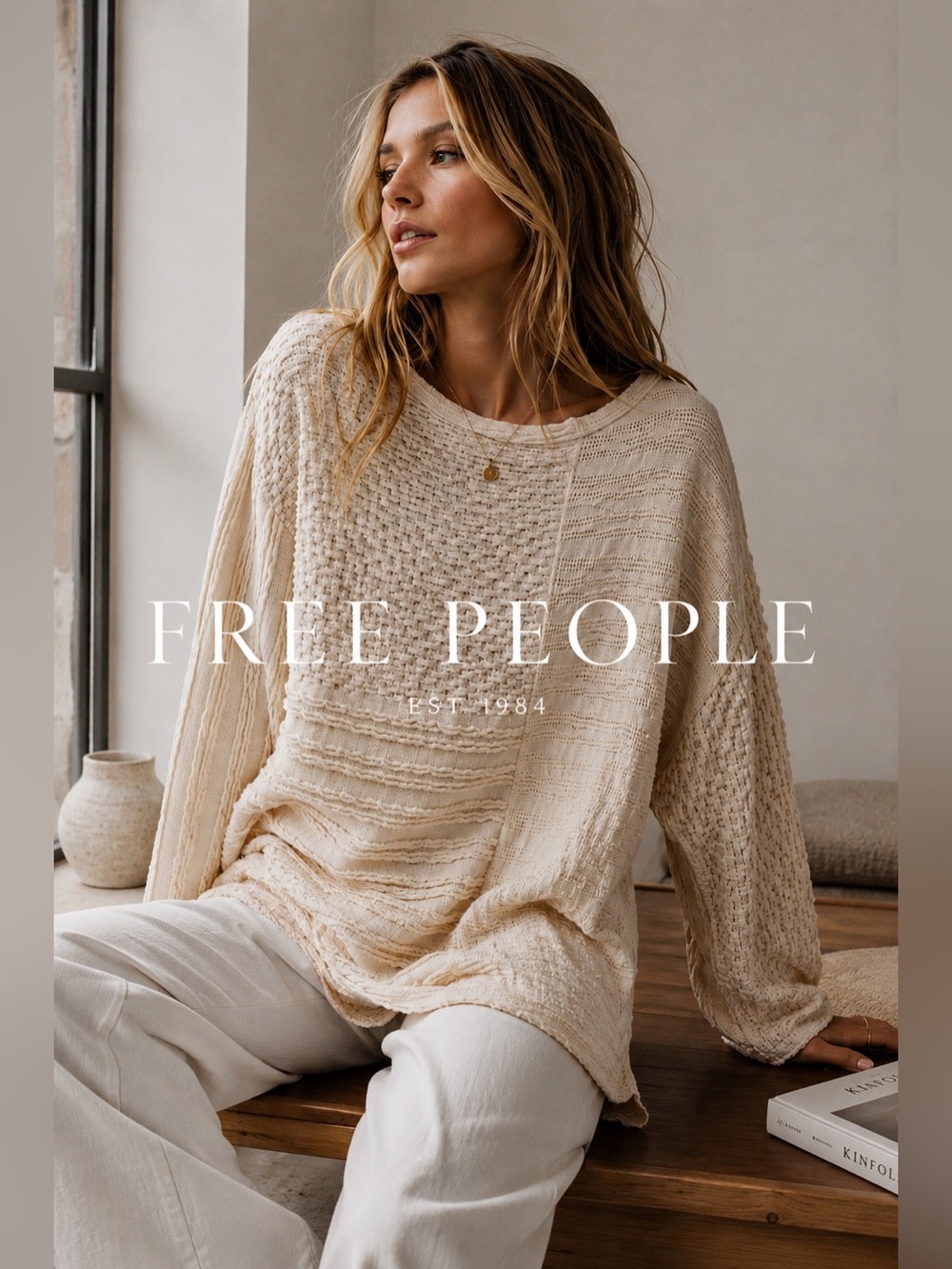 Free People Found My Friend Textured Oversized Sweater Cream Cozy Knit Medium D